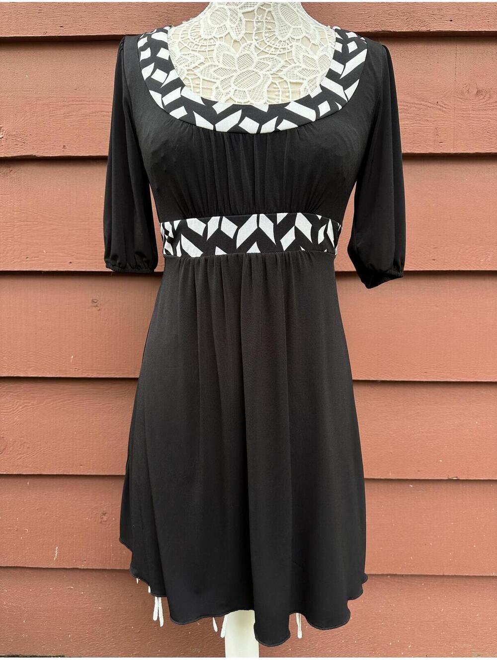My Michelle Y2K Black Fit and Flare Dress with Geometric Trim and Puff Sleeves
